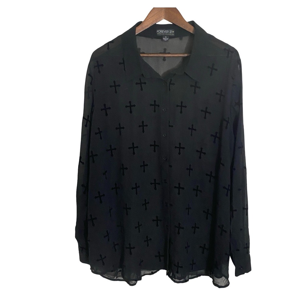 Forever 21 Plus Women Button Up 3X Black Flocked Cross Sheer Long Sleeve Blouse